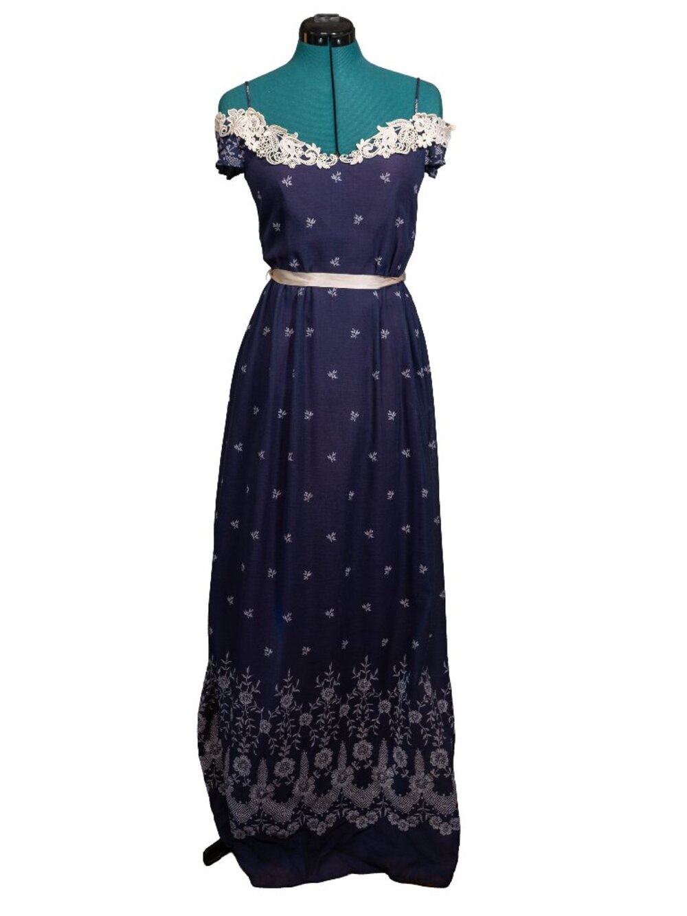Vintage 60s 70s Navy Blue White Lace Off Shoulder Formal Maxi Dress - XS